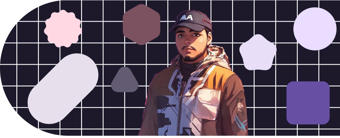 Graphic with shapes placed around an image of Aaron Jones II, image was generated by AI.